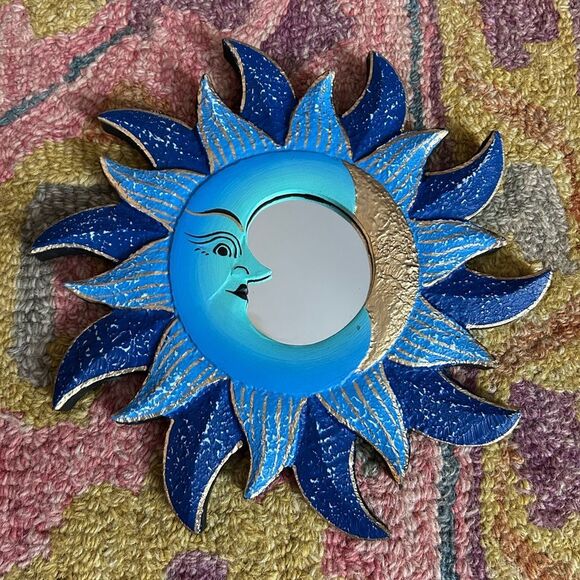 Vintage 8.5" Handpainted Blue and Gold Celestial Wall Mirror Whimsygoth - Picture 6 of 11